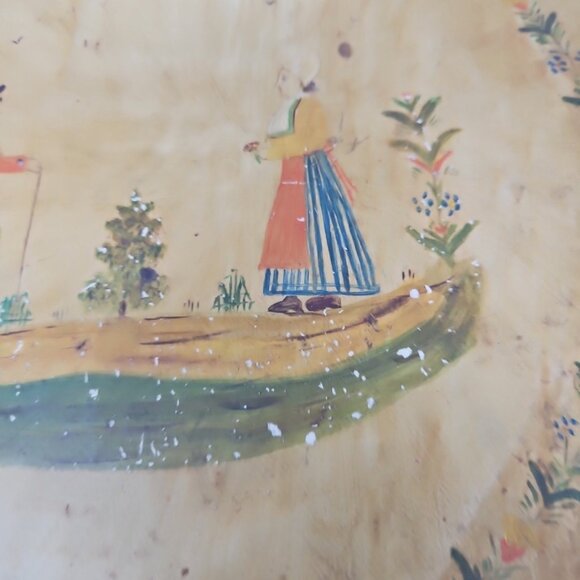 Antique Folk Art Primitive Handpainted Large Round Metal Lidded Tin Box Quimper - Picture 4 of 7